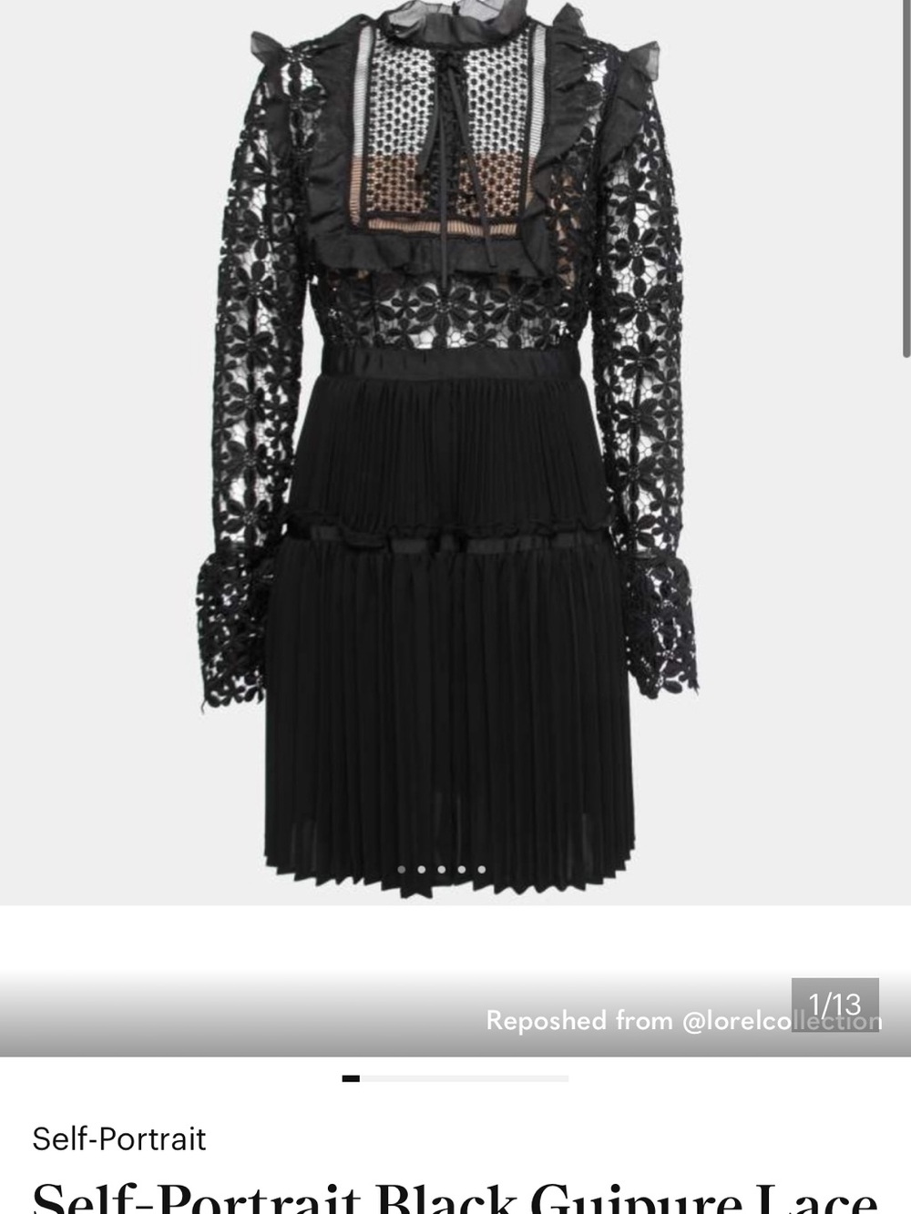 Self-Portrait Adeline dress-Black Guipure Lace Midi Dress with Pleated Skirt